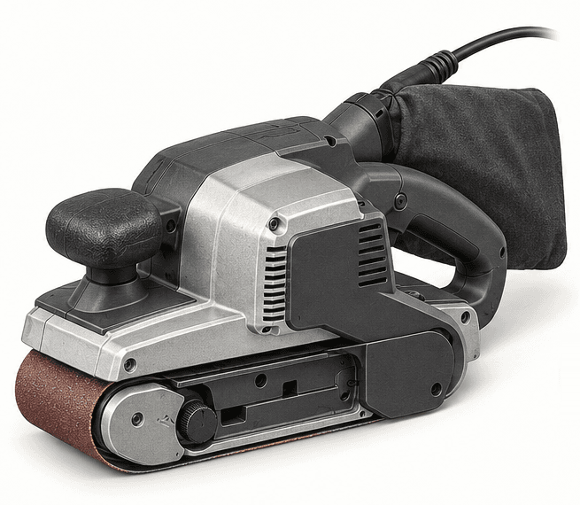 Original illustration of a complete brand-neutral handheld belt sander with front grip, abrasive belt, dust bag and cord.