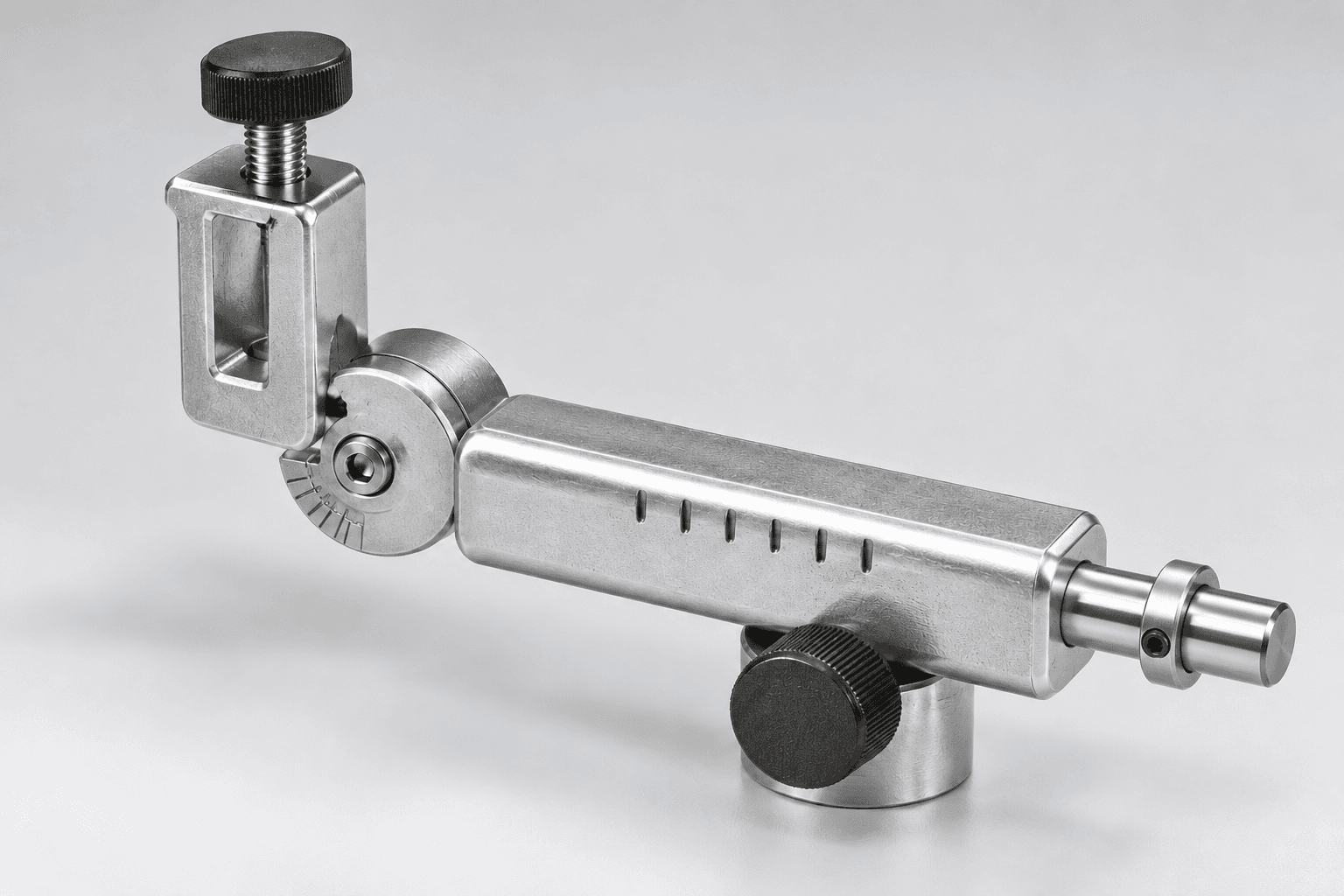 Original brand-neutral three-quarter studio rendering of a cast-metal gouge sharpening jig with U-shaped holder, top clamp screw, indexed hinge, sleeve, support bushing, rotary lock and stop ring.