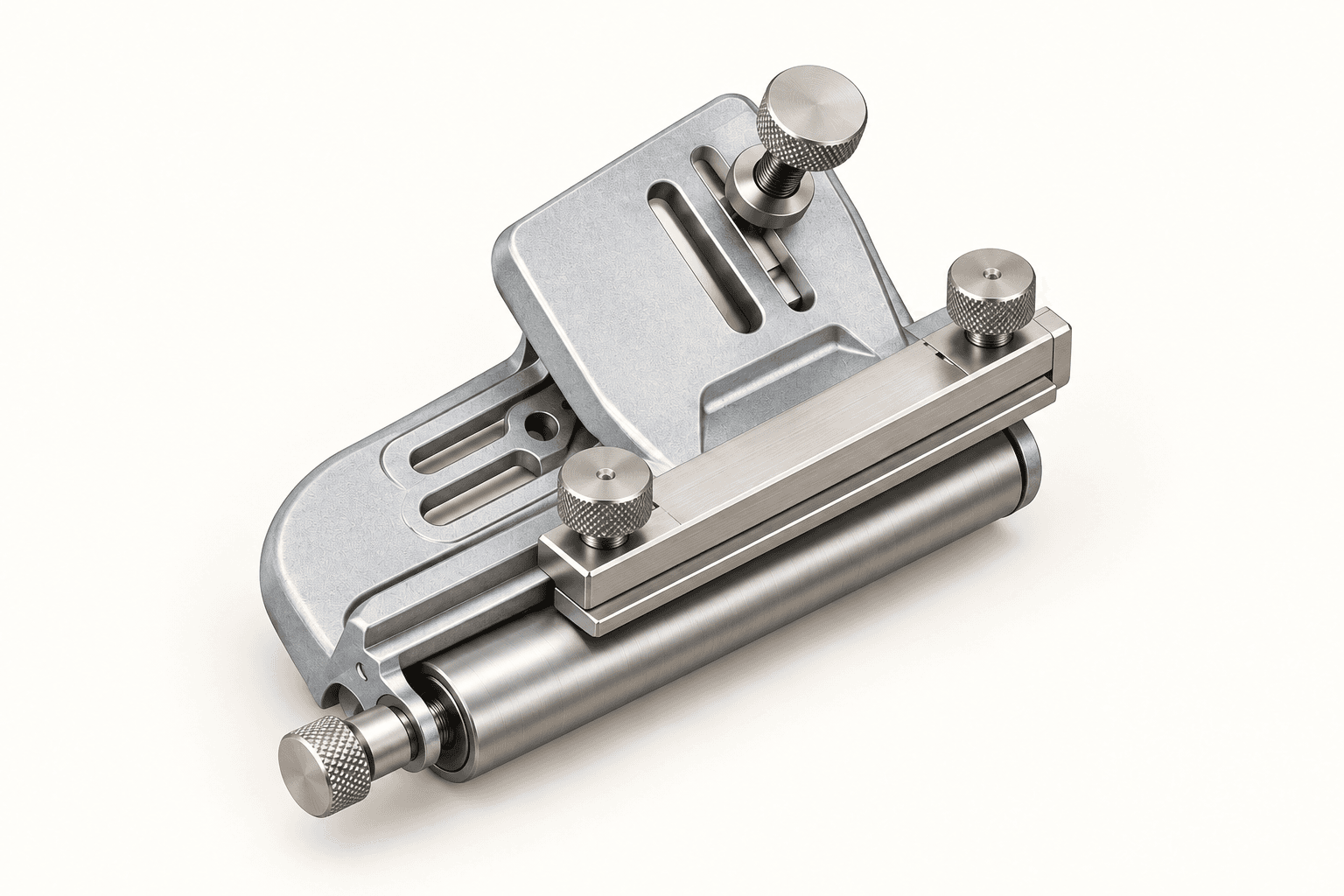 Original brand-neutral illustration of a complete wide-roller honing guide with blade clamp and projection-setting jig.