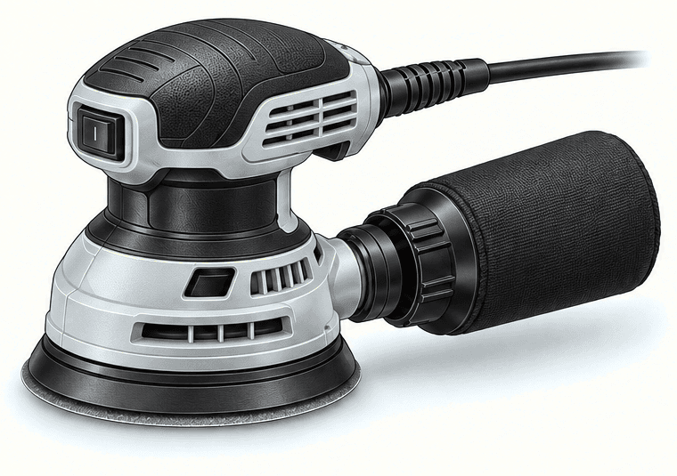 Illustration of a fully assembled random-orbital sander with round sanding pad, side dust bag, and power cord.