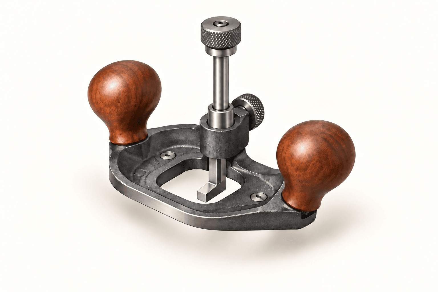 Original brand-neutral illustration of a complete two-knob hand router plane with open cast sole and vertical cutting blade.