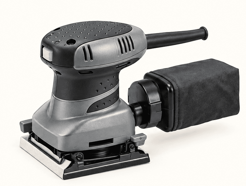 Original illustration of a complete brand-neutral quarter-sheet finish sander with rectangular pad, paper clamps, cord and dust bag.