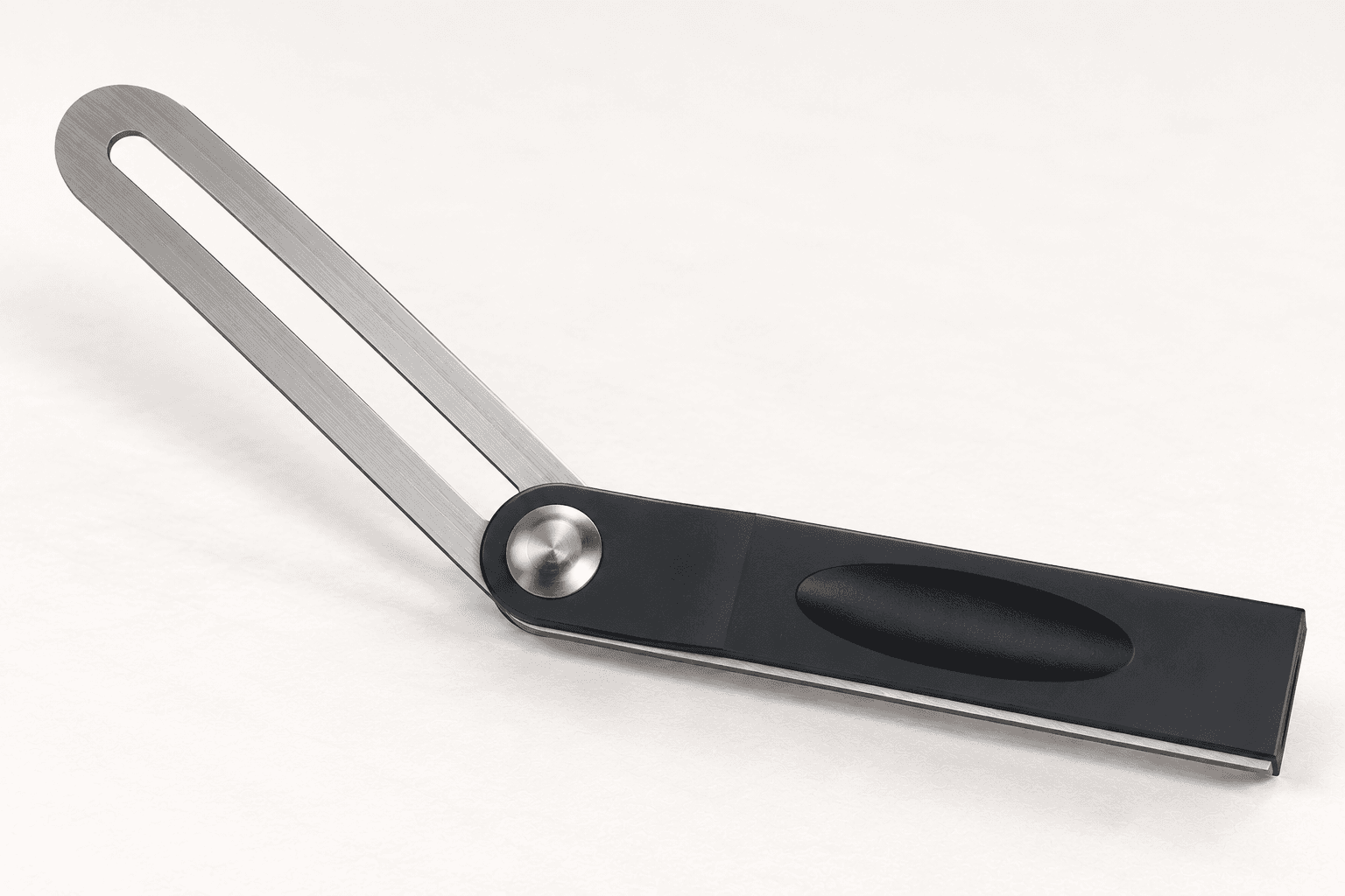 Original brand-neutral three-quarter rendering of an intact sliding T-bevel with a slotted stainless blade opened against a black molded stock and round pivot lock.