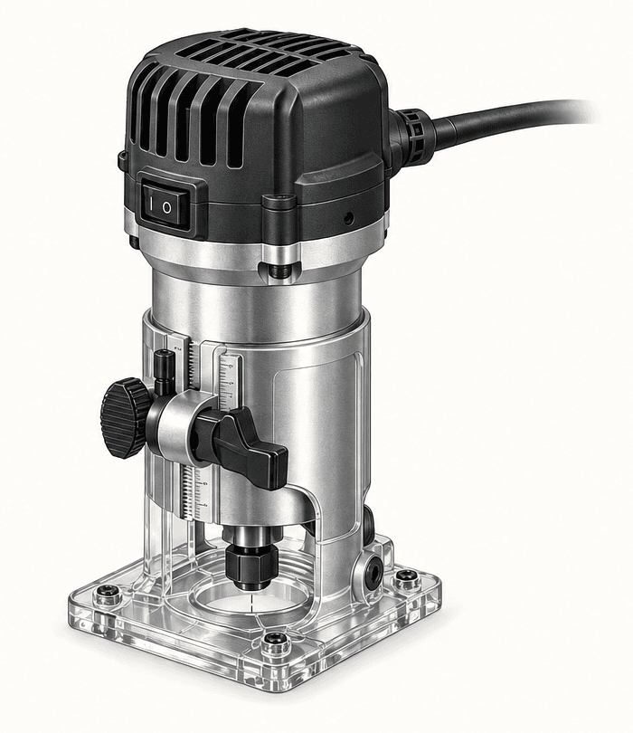 Illustration of a fully assembled trim router with fixed base, depth adjustment, clear subbase, and power cord.