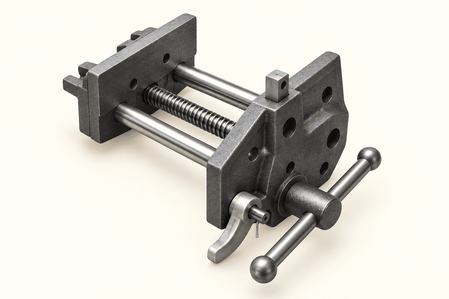 Original brand-neutral illustration of a complete woodworking bench vise with two cast jaws, twin guide rods, central screw, quick-release lever and T-bar handle.