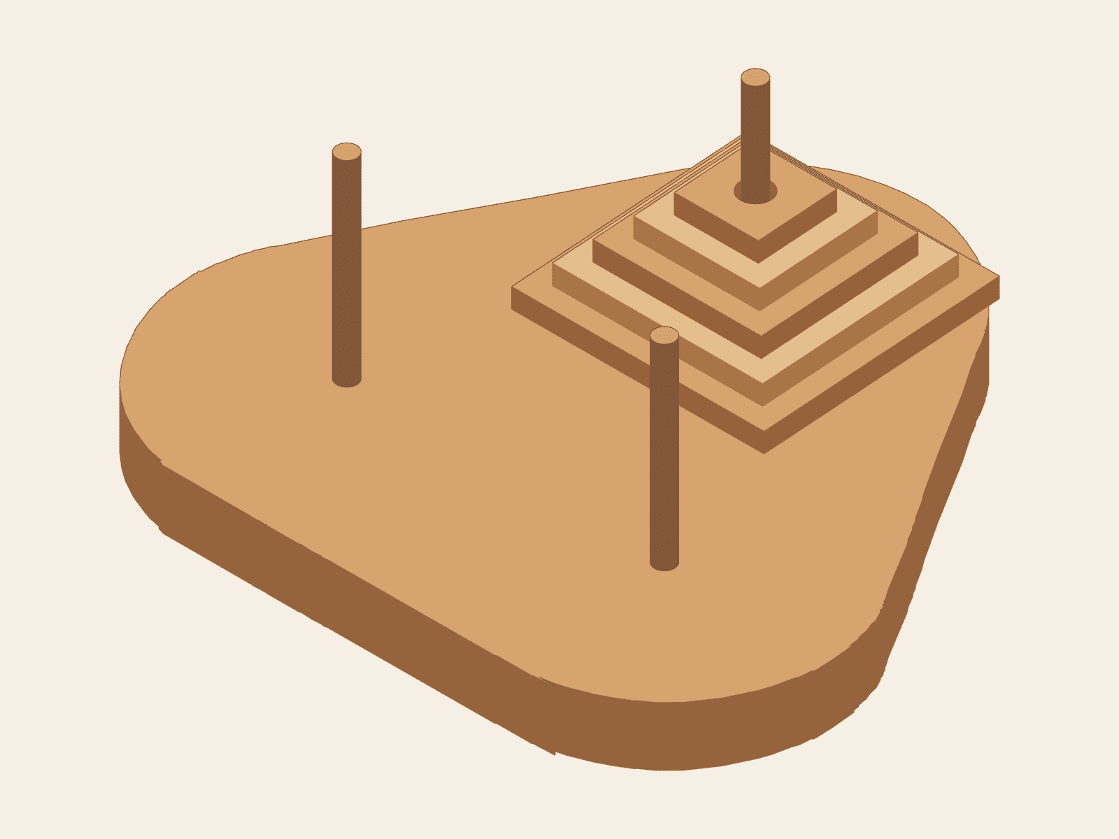 Finished Shifting Pyramid game with a rounded triangular base, three vertical pegs, and five graduated square pieces stacked on one peg with its tip visible above the stack.