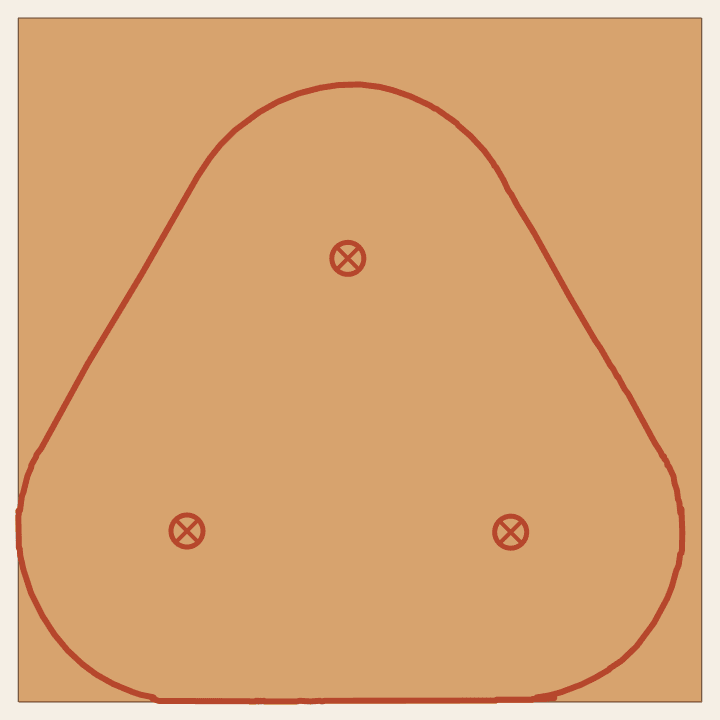 Eight-inch square plywood stock marked with the rounded triangular outline and three X locations.