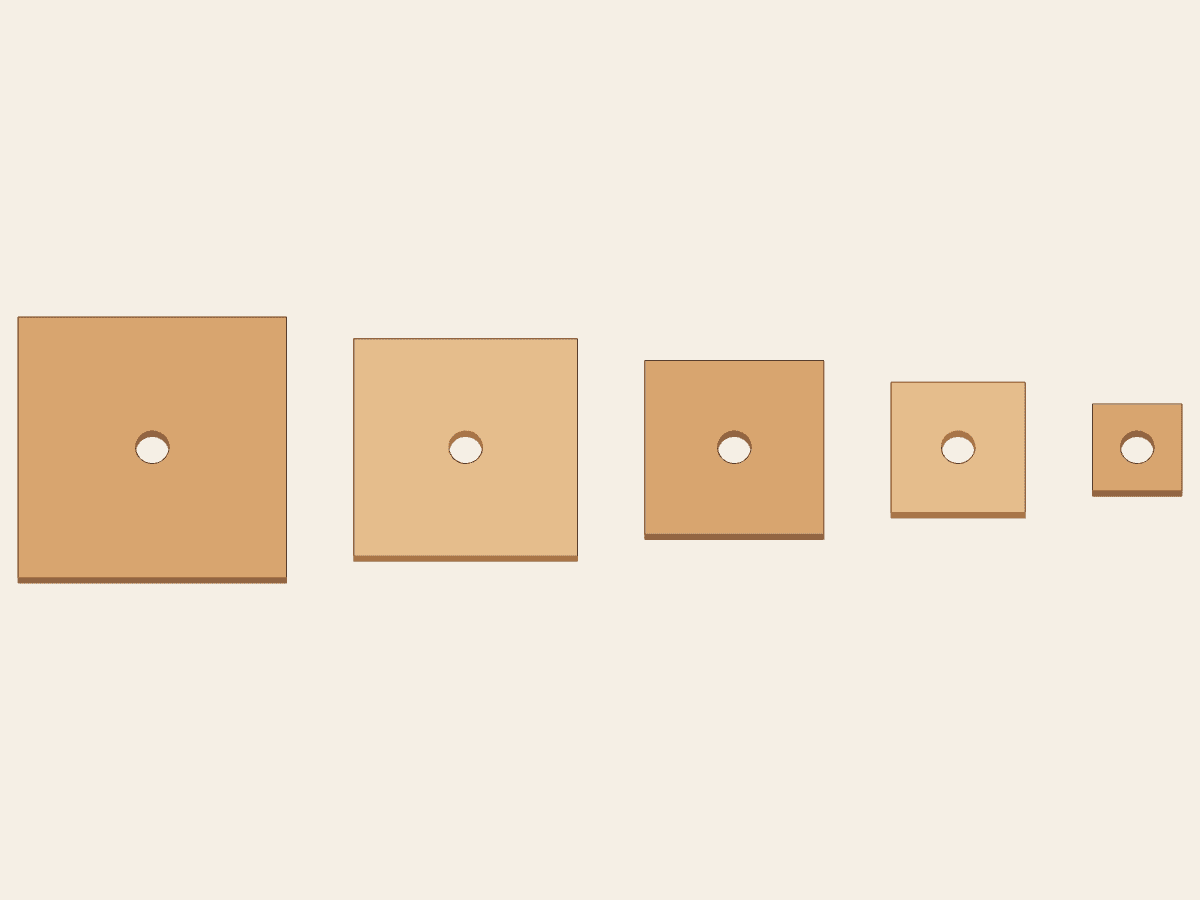 Five separate square wooden pieces arranged from largest to smallest, each with one visible centered round through-hole.