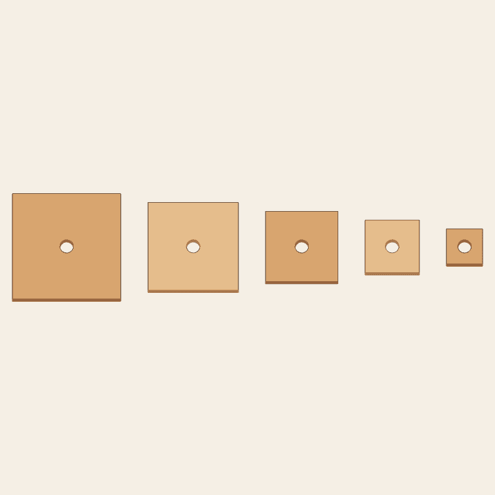 Five graduated square pieces with one centered three-eighth-inch through-hole in each piece.