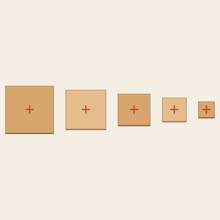 Five graduated square pieces with their centers clearly marked.