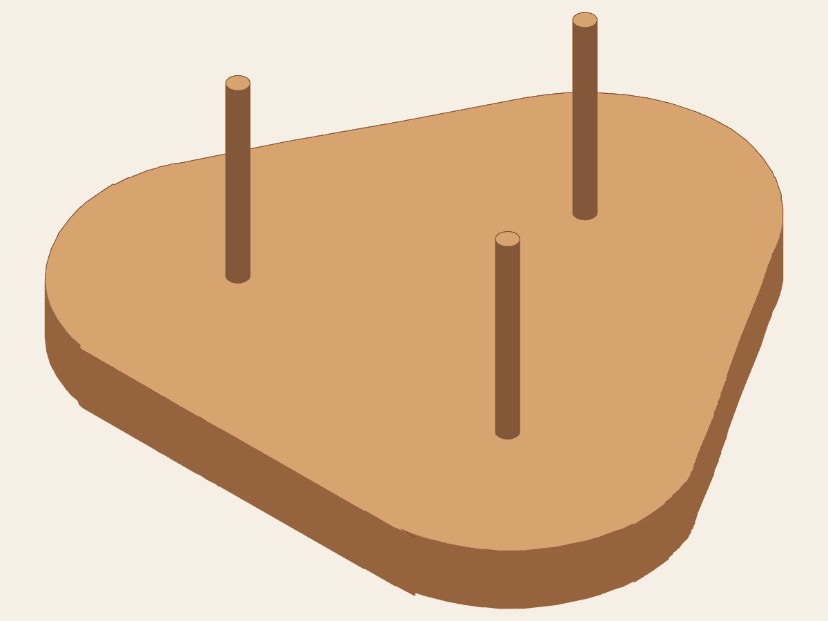 Rounded triangular base with exactly three vertical dowel pegs installed at the three source-pattern locations.