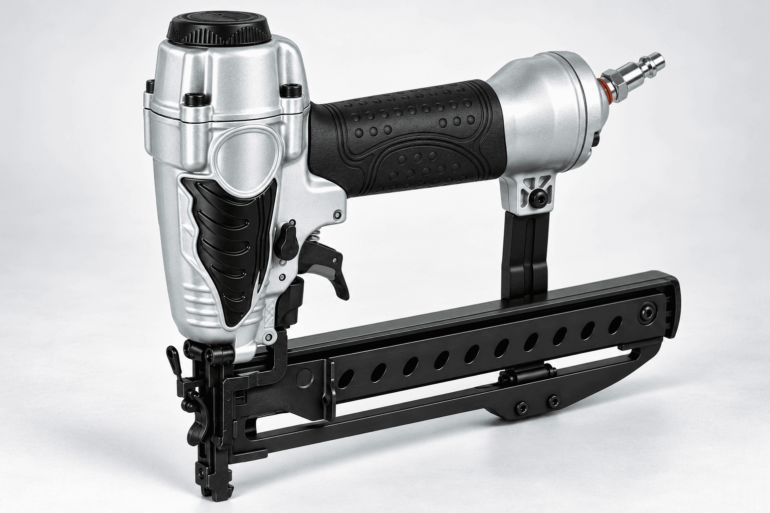 Original brand-neutral realistic three-quarter illustration of an 18-gauge narrow-crown pneumatic stapler with silver cylinder head, black straight magazine, front contact nose, trigger and rear air fitting.
