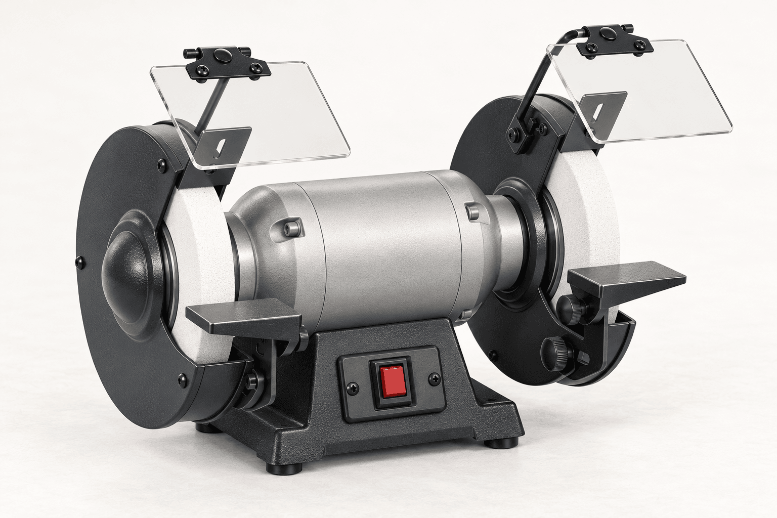 Original brand-neutral realistic three-quarter rendering of a complete low-speed eight-inch bench grinder with two guarded wheels, transparent shields, spark deflectors, tool rests and bolted base.