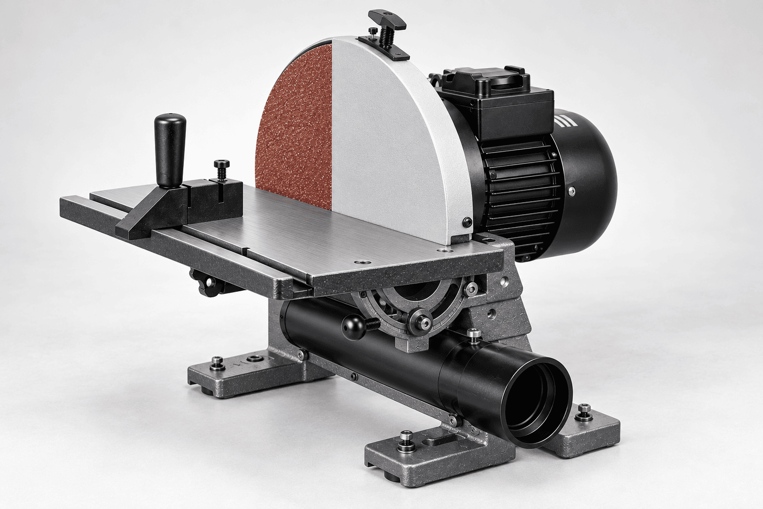 Original brand-neutral realistic three-quarter illustration of a 12-inch benchtop disc sander with open twin mounting feet, half-circle upper guard, front tilting table, rear motor and lower dust outlet.