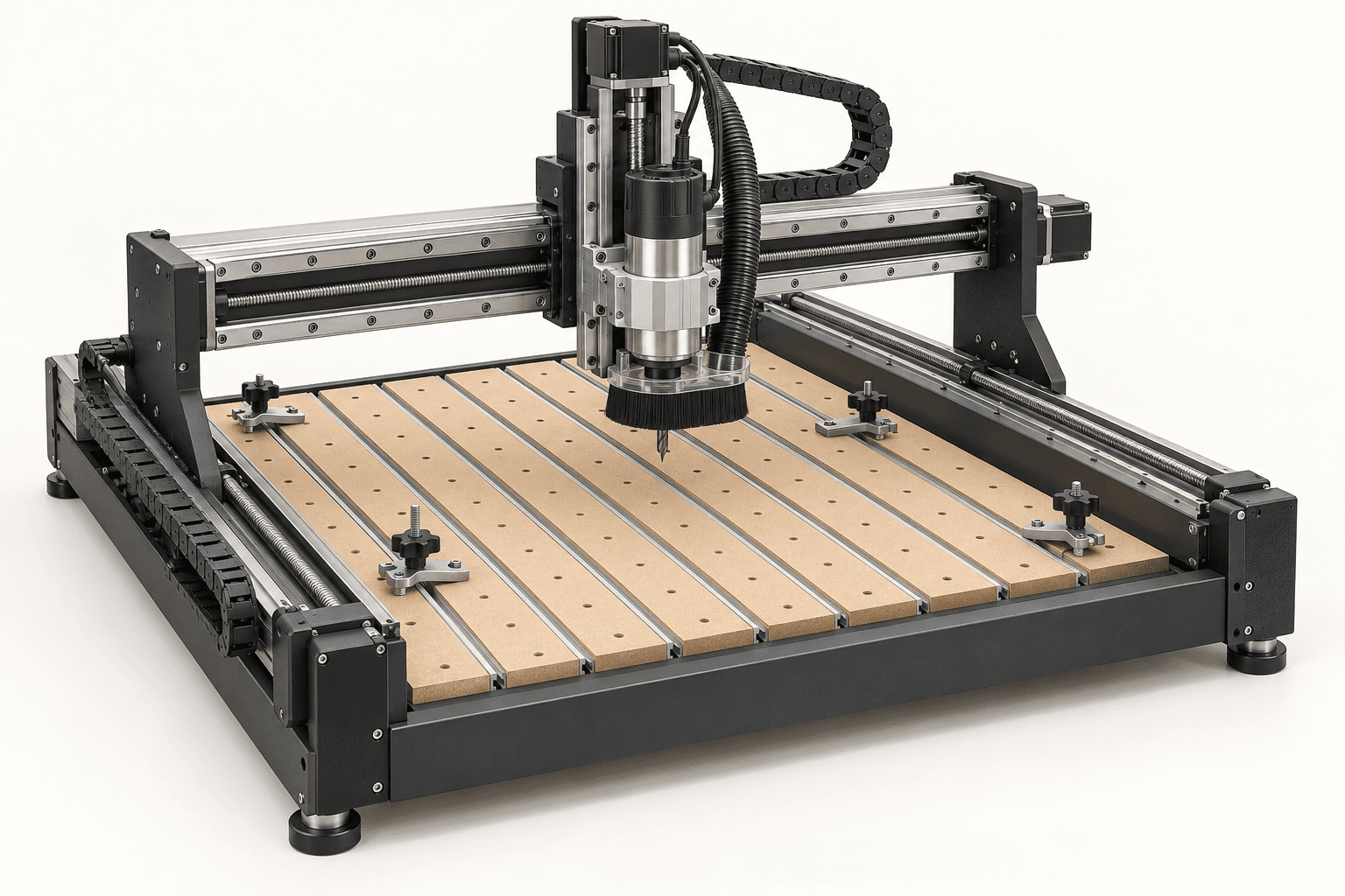 Original brand-neutral illustration of a complete gantry CNC router with a mounted cutter, dust shoe, hybrid table and clamps.