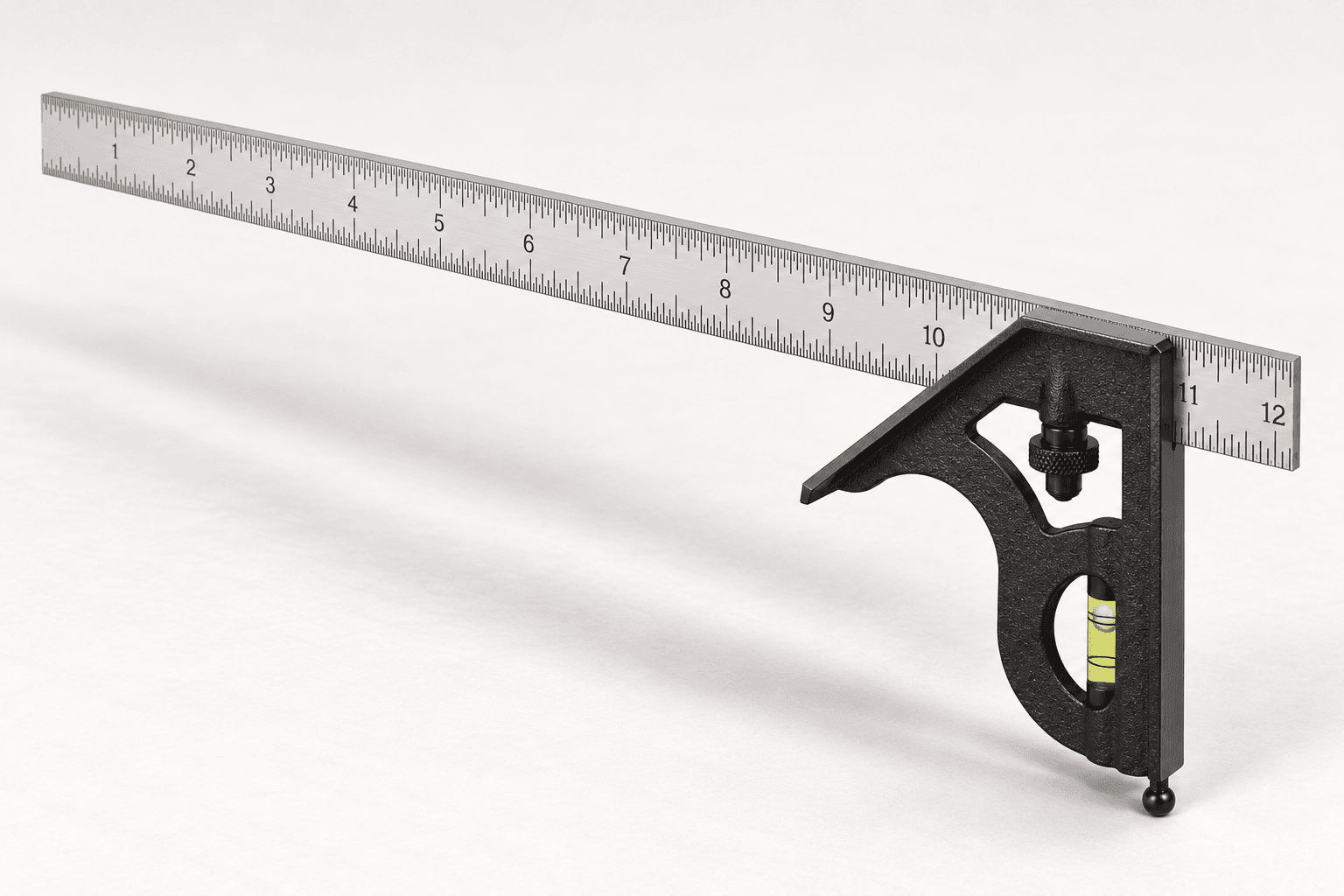Original brand-neutral three-quarter product rendering of a complete combination square with a graduated steel rule locked in a black cast-iron square head.