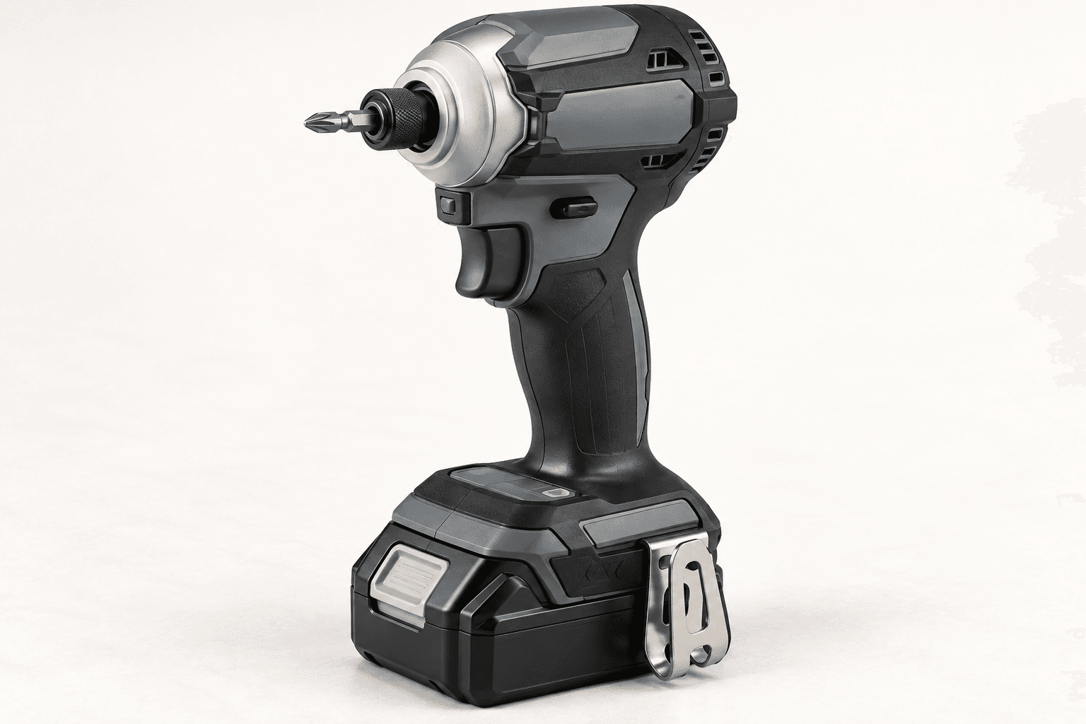 Original realistic brand-neutral three-quarter illustration of a compact cordless impact driver with one-quarter-inch hex bit sleeve, short bit, trigger, direction selector, rear vent and attached slide battery.