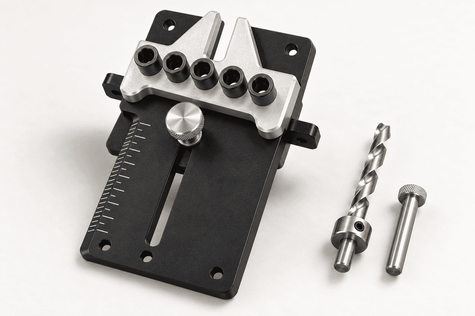 Original brand-neutral three-quarter studio rendering of an assembled 08350-style doweling jig: five-bushing aluminum guide above a flat black graduated plate, with locking knob and a compact rear reference angle; drill bit and headed indexing pin rest beside it as separate accessories.