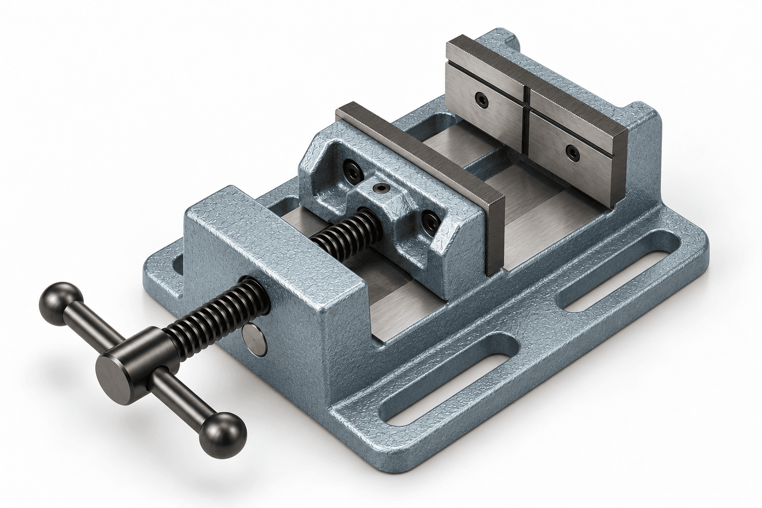 Original brand-neutral three-quarter rendering of a complete low-profile drill-press vise with slotted cast base, fixed and sliding jaws, steel jaw inserts and a single crossbar-handled leadscrew.