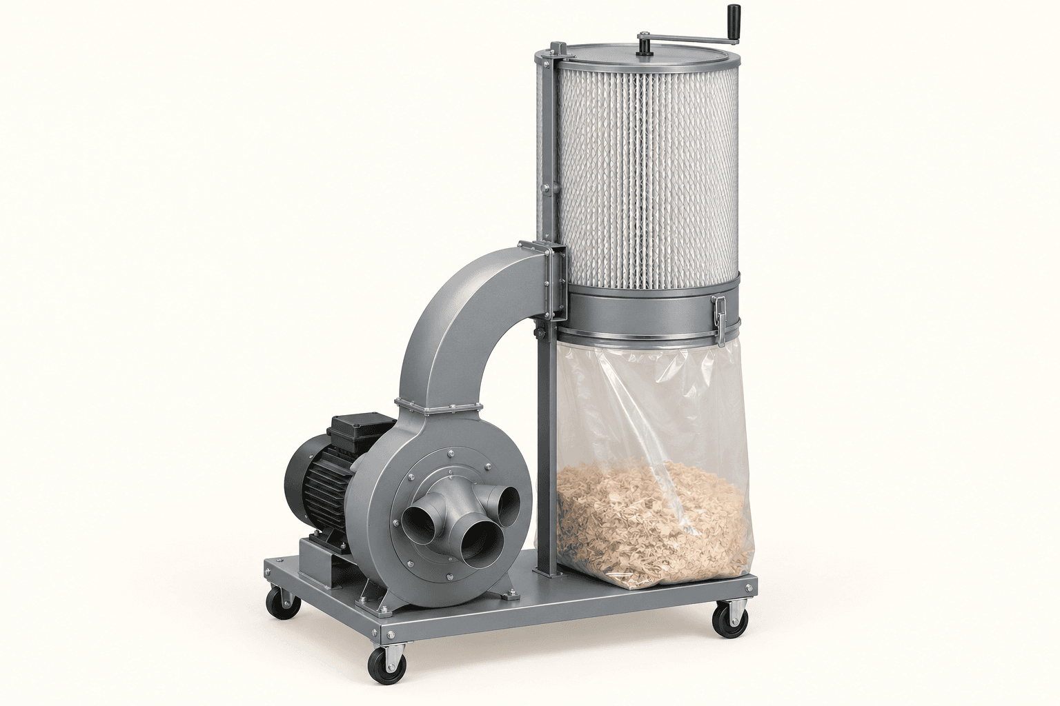 Original brand-neutral illustration of a complete single-stage canister dust collector with motor, inlet manifold, filter, collection bag and casters.