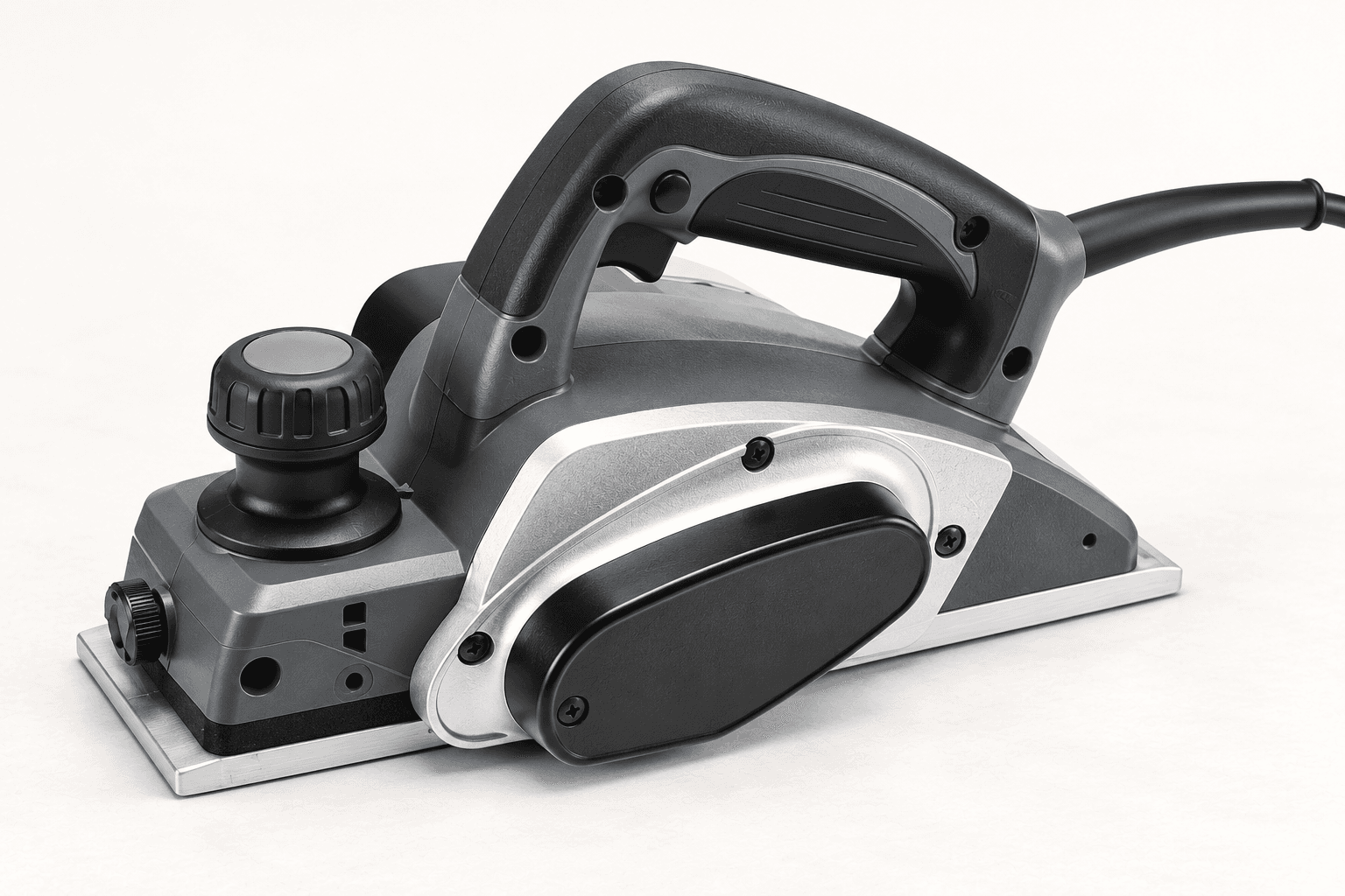 Original brand-neutral three-quarter rendering of a complete corded electric hand planer with front depth knob, metal shoes, cutter housing and side belt cover.