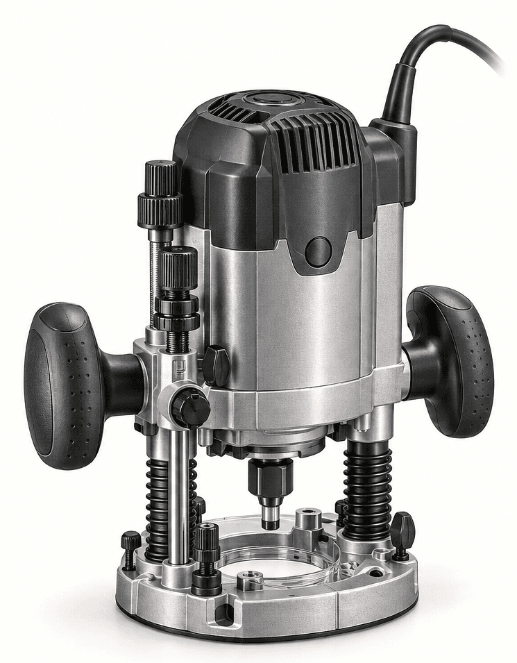 Original illustration of a complete brand-neutral plunge router with two grips, paired guide posts, depth rod, base and cord.
