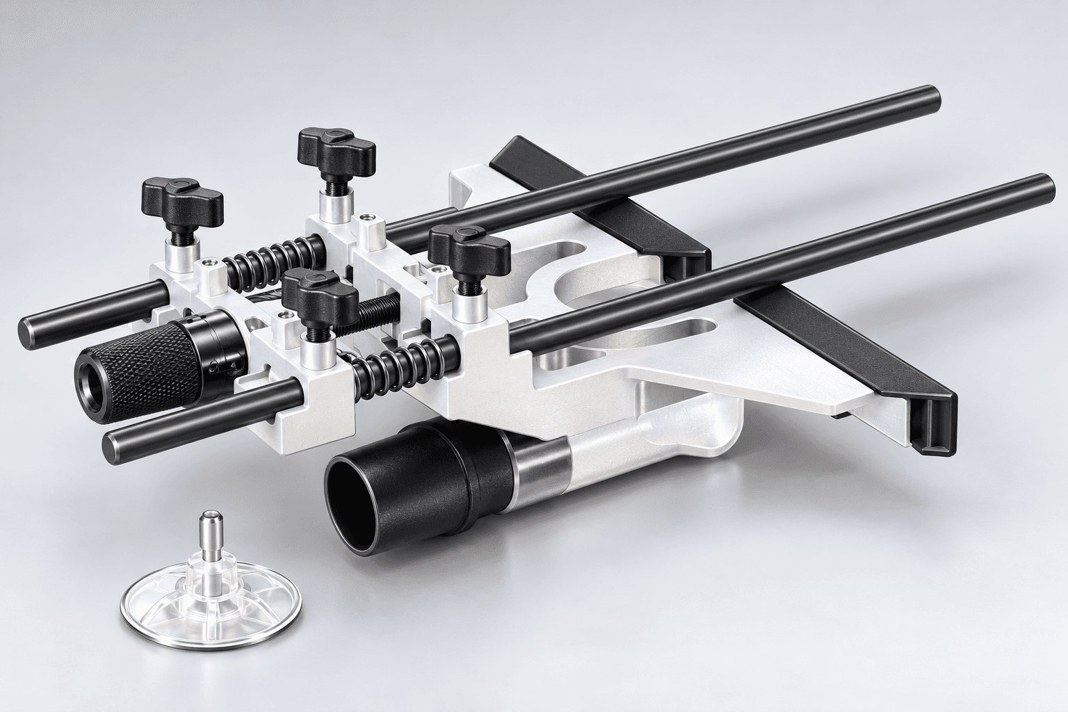 Original brand-neutral three-quarter studio illustration of a separate two-rod router edge guide with front plates, four wing knobs, paired springs, fine-adjustment screw, dust hood and circle pivot accessory.