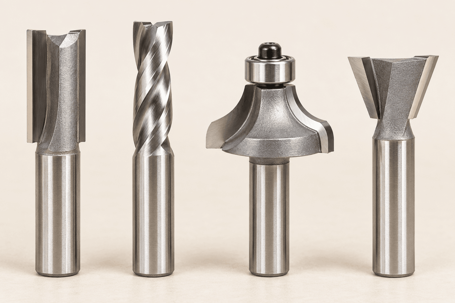 Original brand-neutral illustration of four complete router bits: straight, spiral, bearing-guided roundover and dovetail.