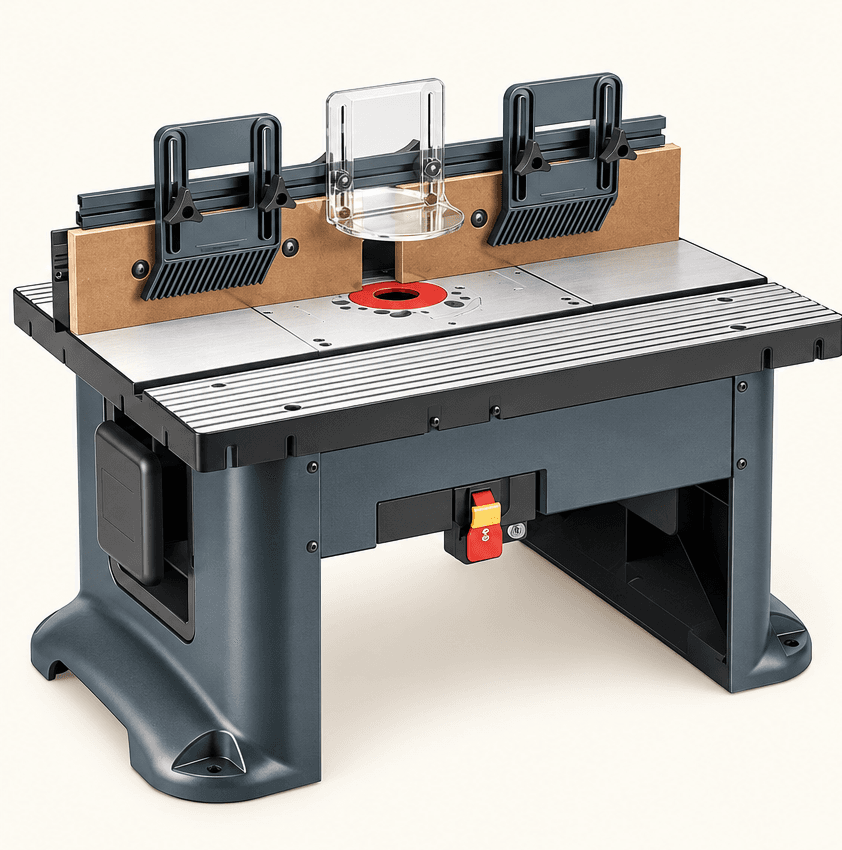 Original illustration of a complete brand-neutral benchtop router table with fence, clear guard, featherboards, switch and legs; no router motor is installed.