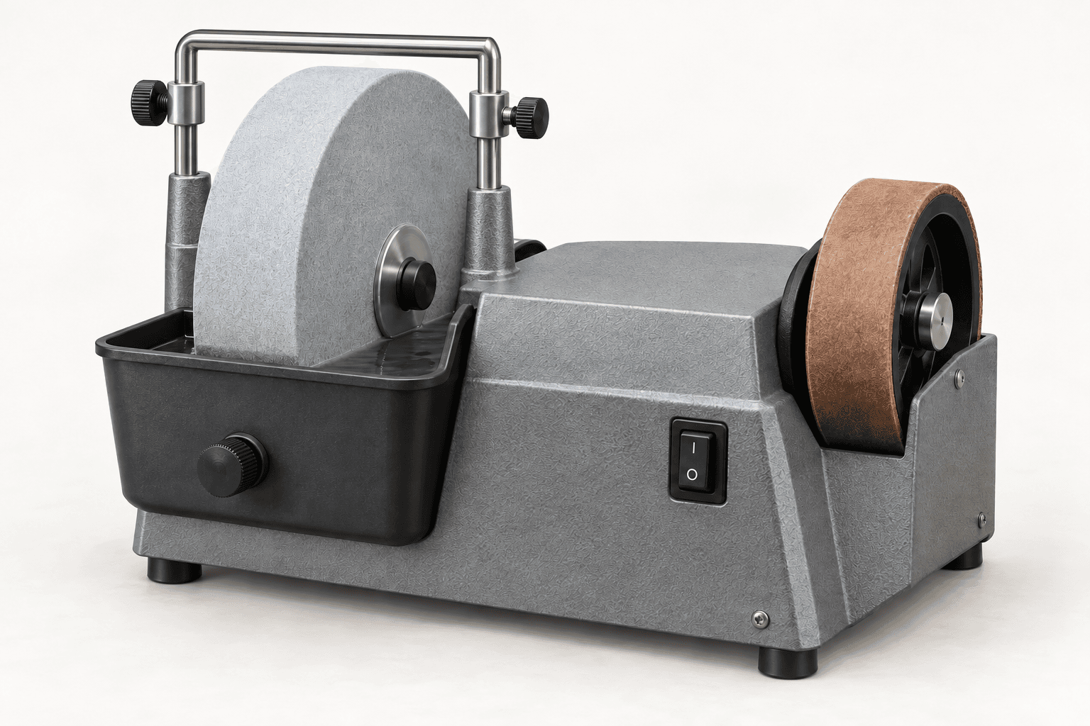 Original brand-neutral illustration of a complete water-cooled sharpening system with grindstone, water trough, universal support and leather honing wheel.