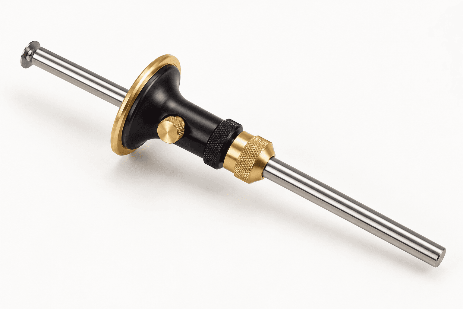Original brand-neutral three-quarter rendering of a complete wheel marking gauge with a brass-faced body, stainless rod, fixed wheel cutter, side lock and rear micro-adjust hardware.