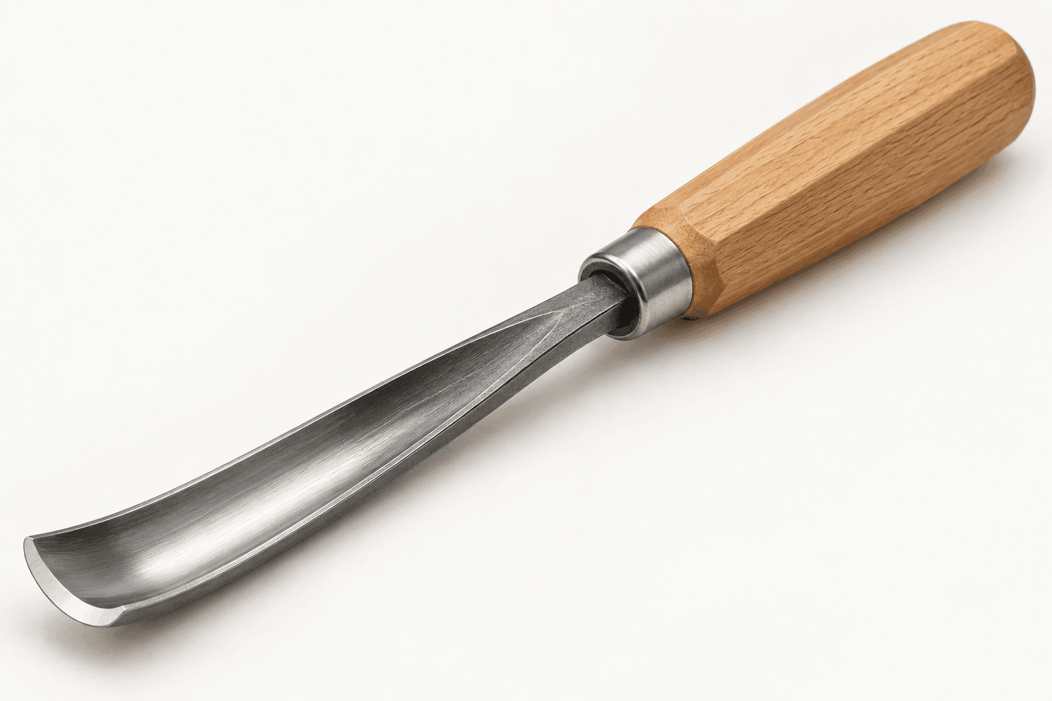 Original brand-neutral illustration of a complete wood carving gouge with octagonal wood handle, ferrule and curved steel blade.