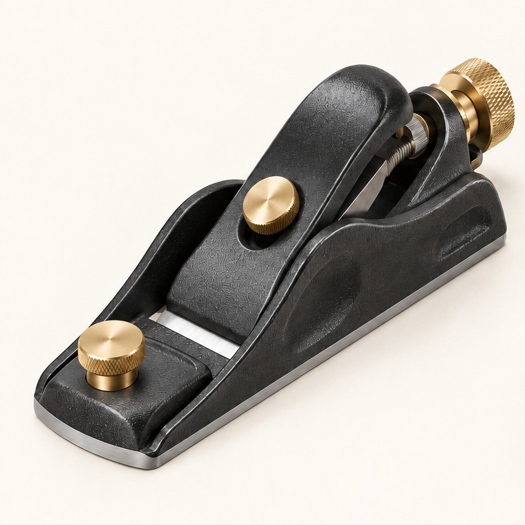Original brand-neutral illustration of a complete low-angle block plane with iron, cap, adjustable mouth and rear adjuster.