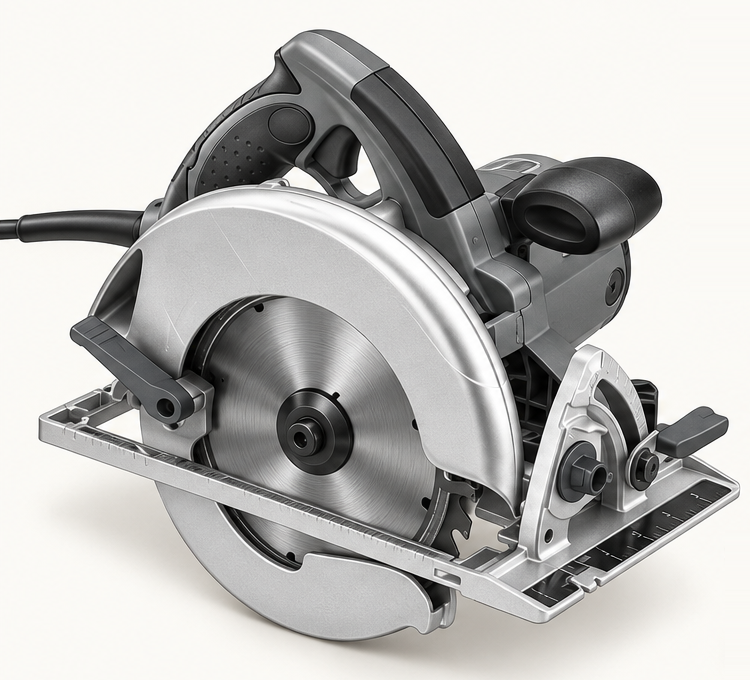 Original brand-neutral illustration of a complete handheld sidewinder circular saw with blade, guards, handles, motor and adjustable shoe.