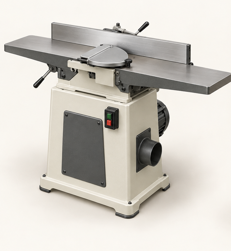 Original brand-neutral illustration of a complete floor jointer with long infeed and outfeed beds, tilting fence, cutterhead guard and enclosed stand.
