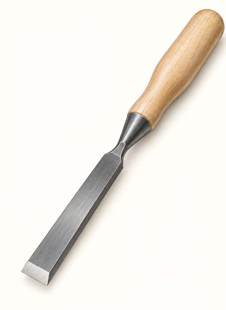 Original brand-neutral illustration of a complete hard-maple-handled socket mortise chisel with thick steel blade and sharpened bevel.