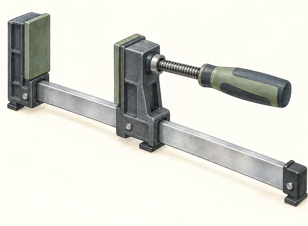 Original brand-neutral illustration of a complete parallel-jaw woodworking clamp with steel rail, fixed and sliding jaws, protective pads and screw handle.
