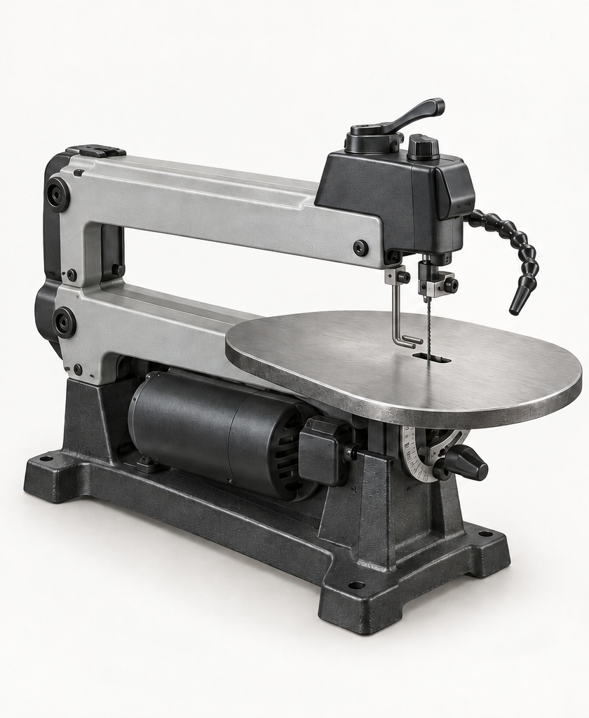 Original brand-neutral illustration of a complete stationary scroll saw with linked arms, thin blade, material hold-down, blower, cast table, tilt control and base.