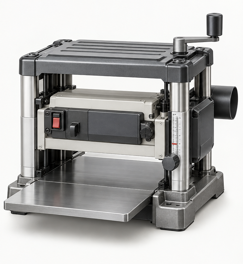 Original brand-neutral illustration of a complete benchtop thickness planer with height crank, cutterhead housing, feed opening and bed.