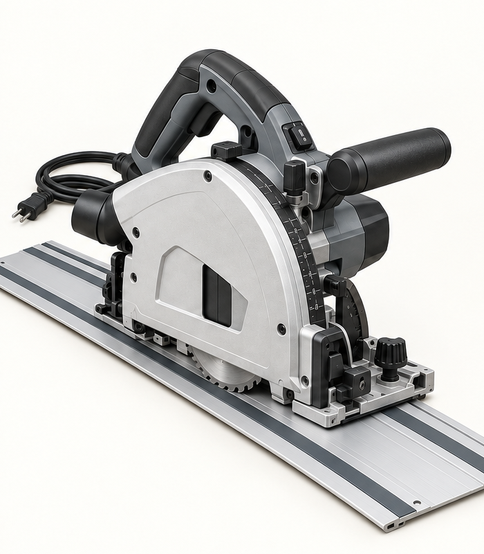 Original brand-neutral illustration of a complete corded plunge track saw on a guide rail, with both grips, enclosed blade case and dust port.