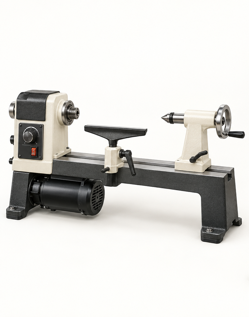 Original brand-neutral illustration of a complete bench wood lathe with headstock, bed, tool rest, tailstock, controls and motor.