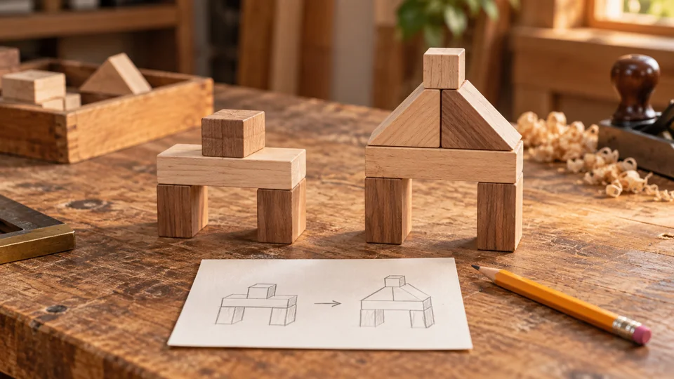 Two small wooden block arrangements beside a sketch comparing ideas