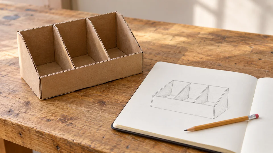 Cardboard desk organizer prototype beside a simple design sketch