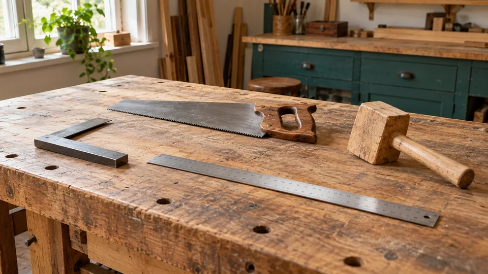Hand saw, try square, ruler and mallet arranged on a workbench