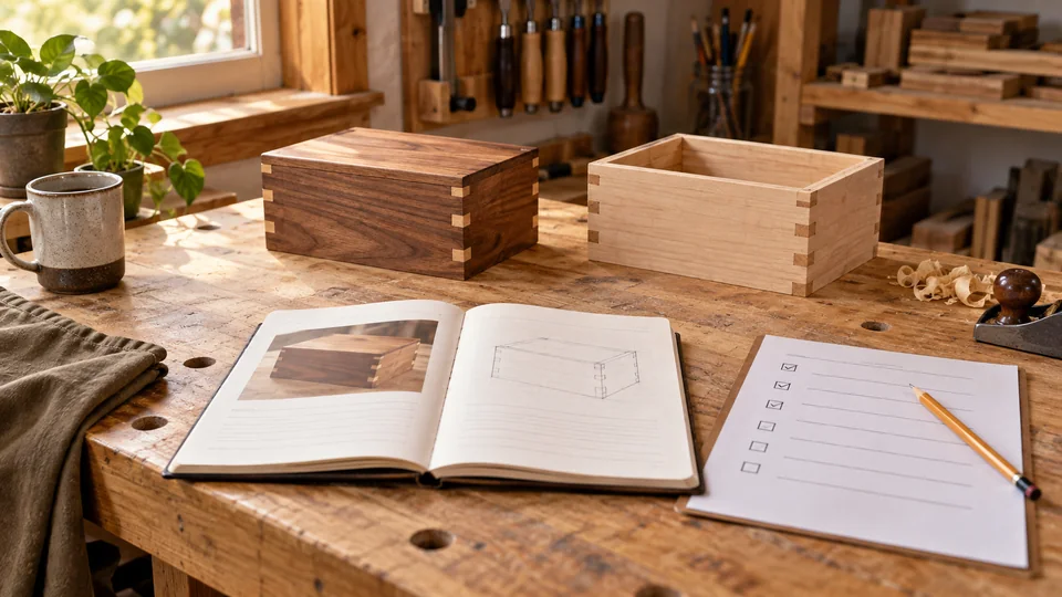 Project journal and two small wooden boxes documenting progress