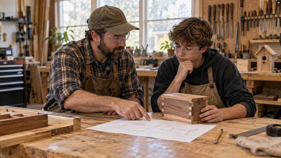 Adult and young maker planning together at a woodworking bench