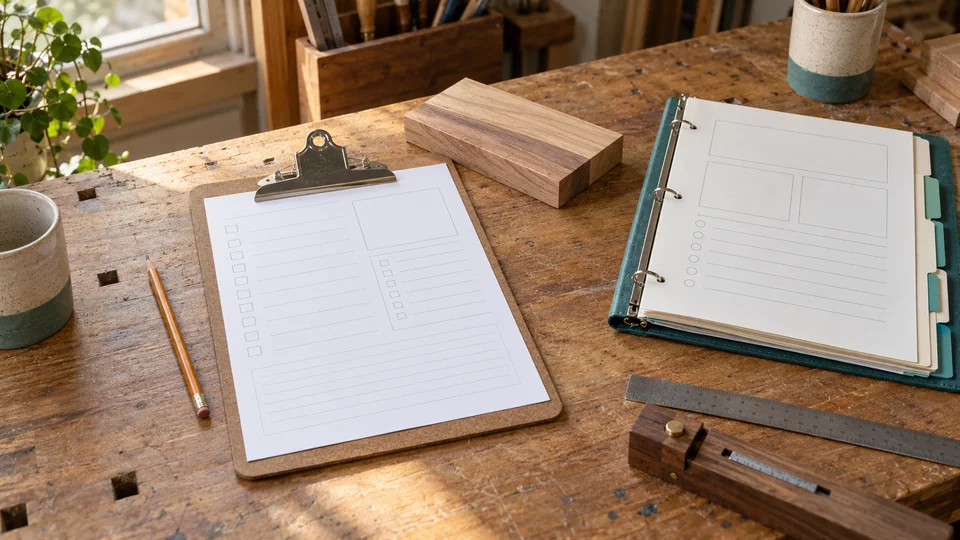 Blank worksheets and clipboard arranged for a workshop session