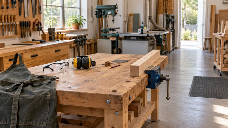 Safety glasses and hearing protection beside a board on a clear bench