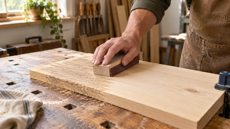 Adult sanding a secured board by hand