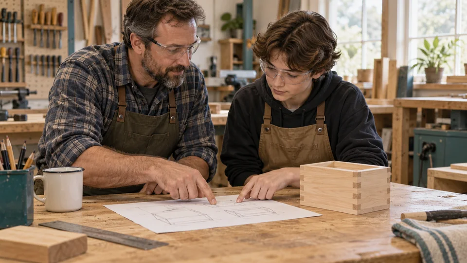 Adult and young maker discussing a small wooden box at a bench